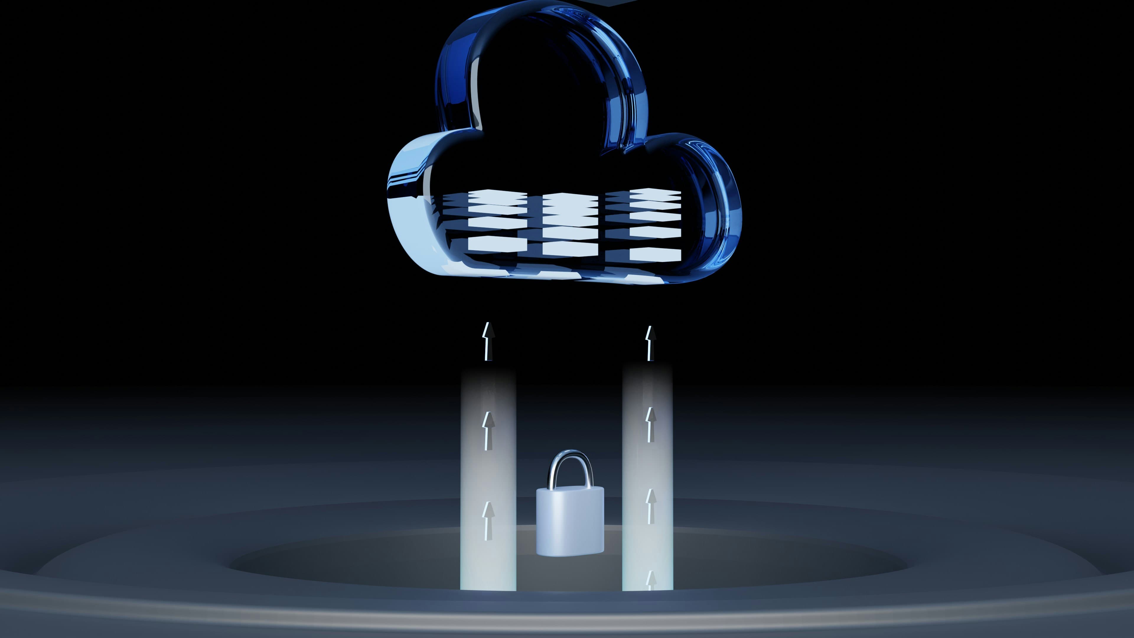 A glossy blue cloud uploading stacks of documents through a padlock, representing secure data upload